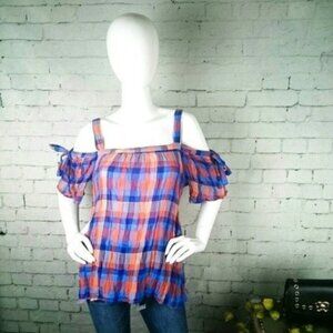 Sanctuary Seersucker Plaid Cold-Shoulder Top Blue and Orange